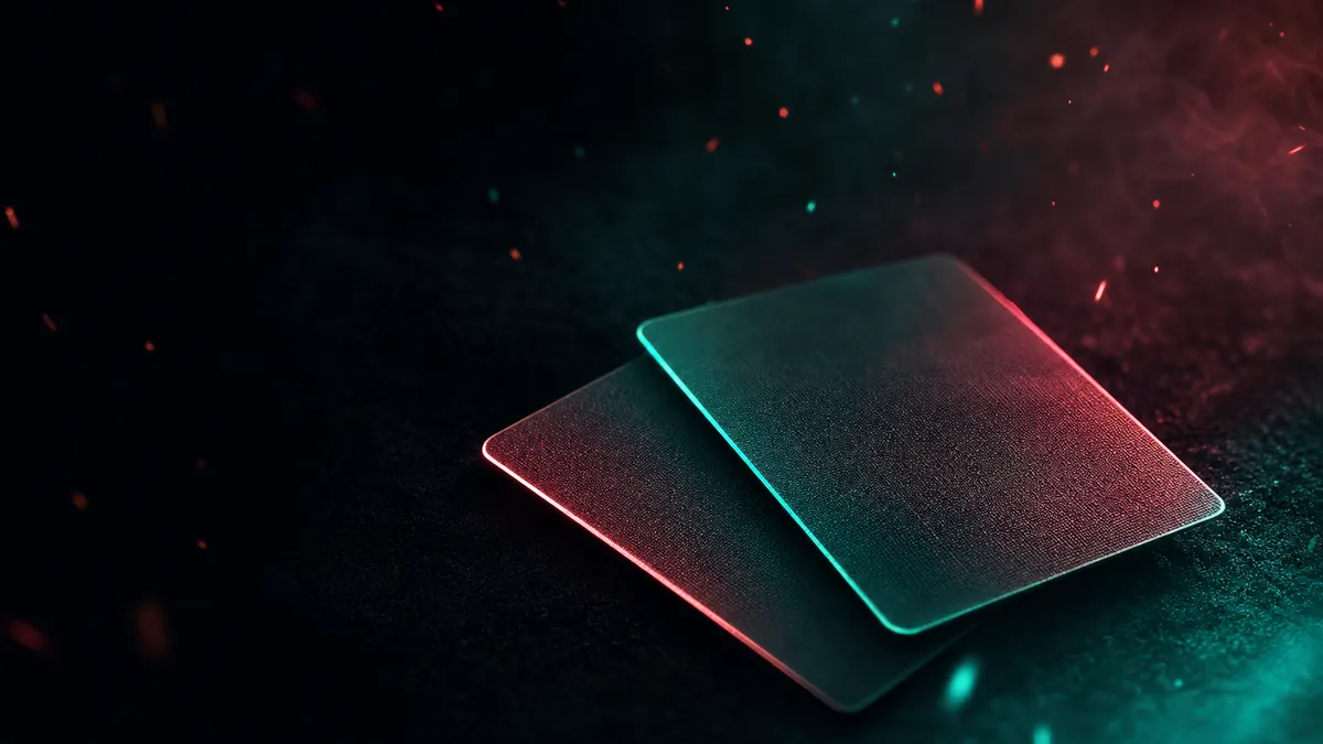 Two playing cards on a dark felt surface with coral and jade edge lighting