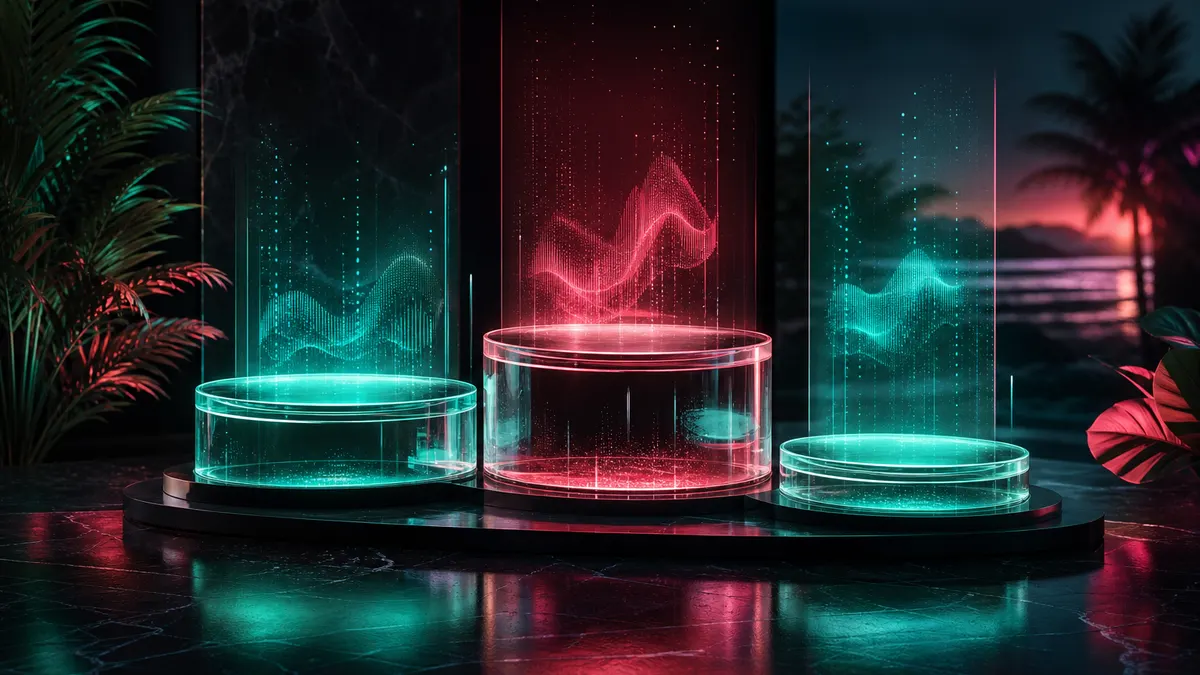 Three pillars of light evoking a casino ranking, in coral and jade tones