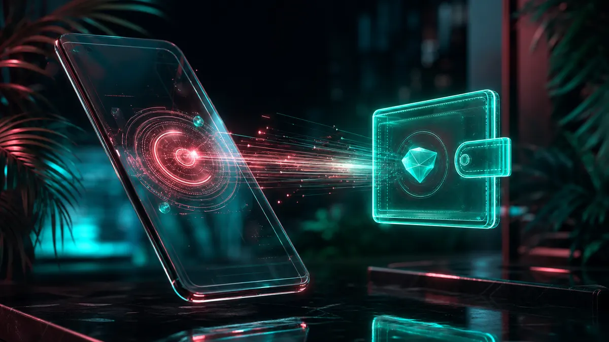 Teléfono oscuro emitiendo un flujo de partículas de luz que evoca un pago digital