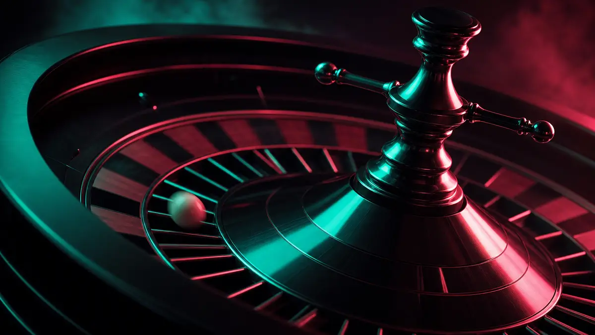 Close-up of a roulette wheel with the ball mid-spin, lit in coral and jade