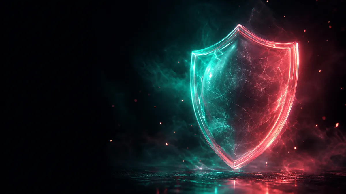 A glowing shield of light on a dark background, evoking safety and trust