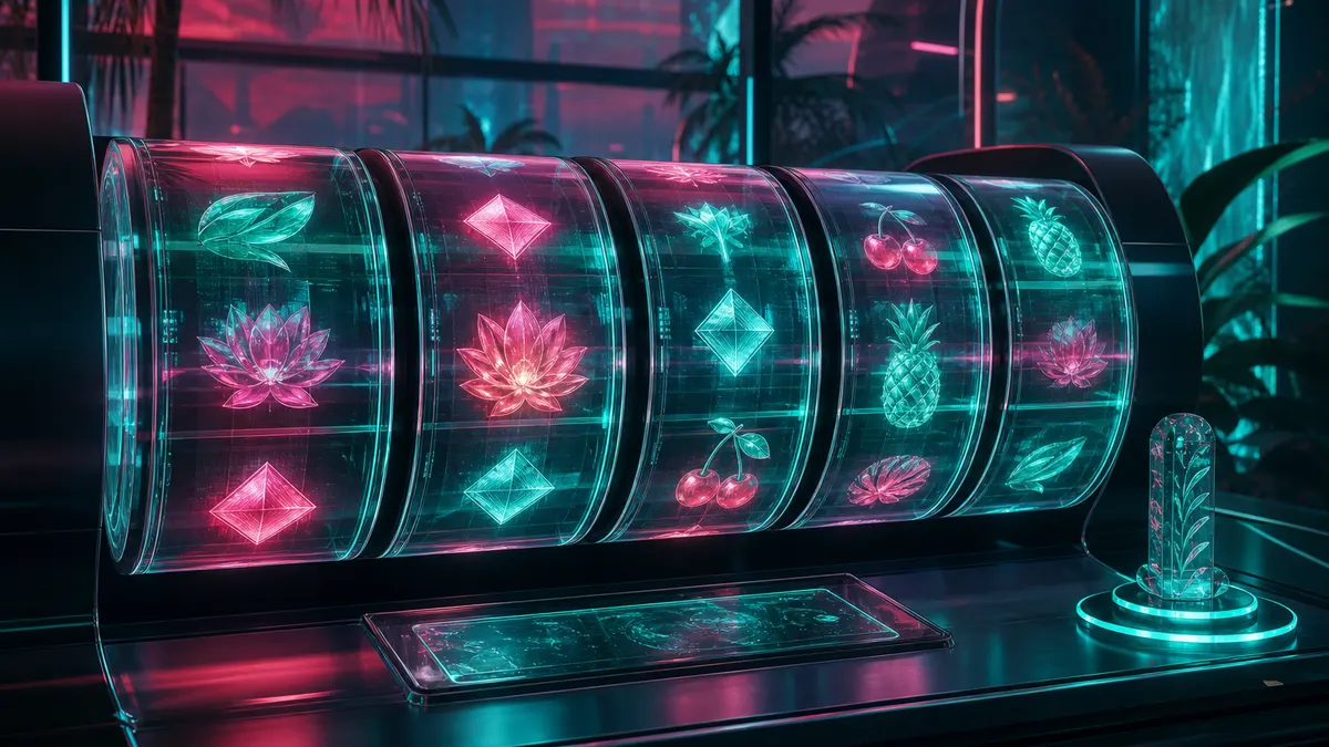 Reels of light in motion evoking a slot machine, on a dark background